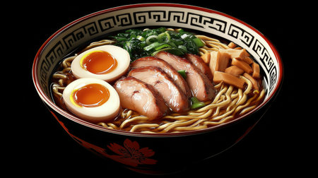 A richly flavored bowl of ramen features slices of tender meat, colorful corn, chopped green onions, and creamy soft-boiled eggs arranged beautifully, all set against a striking black background.の素材