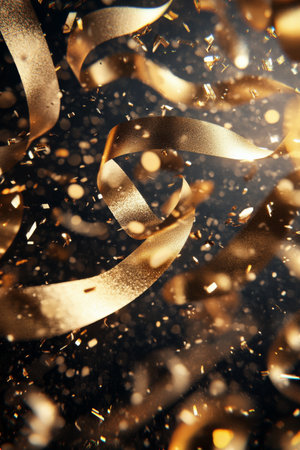 Golden ribbons and sparkling confetti cascade through the air, creating a vibrant and joyous atmosphere perfect for celebrations and special events.の素材