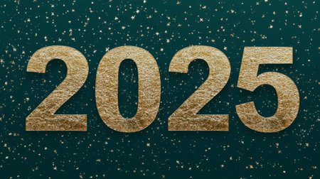 The elegant golden digits symbolize the year 2025, shining brightly against a rich dark green backdrop with a subtle sparkle, creating a festive and optimistic atmosphere.の素材