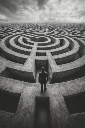 A solitary figure in a suit surveys the intricate design of a maze made of concrete walls, symbolizing confusion and challenge. The bright daylight casts shadows, enhancing the maze's depth.の素材
