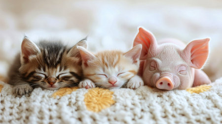 Three sweet animals, a ginger kitten, a tabby kitten, and a small piglet, peacefully sleep together on a soft, white blanket, sharing warmth and companionship in a tranquil setting.の素材