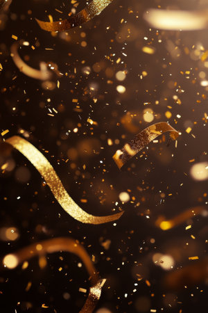 Golden ribbons and sparkling confetti cascade through the air, creating a vibrant and joyous atmosphere perfect for celebrations and special events.の素材
