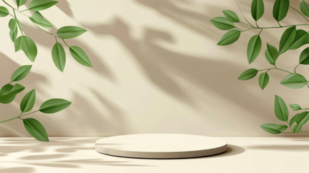 A clean, circular platform is positioned between lush green plants, bathed in soft afternoon light casting gentle shadows on a neutral background.の素材