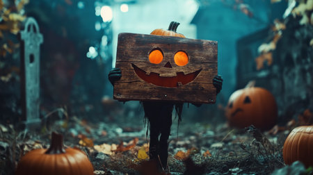 A playful figure holding a wooden sign with a carved smiling face stands among pumpkins in a misty, autumn landscape. The atmosphere is festive yet eerily enchanting, embodying Halloween spirit.の素材