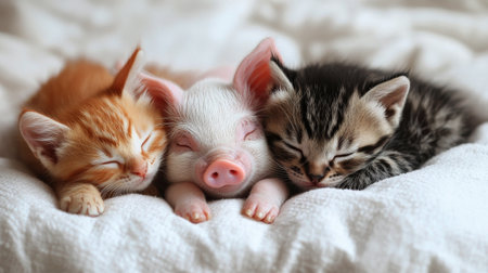 Three sweet animals, a ginger kitten, a tabby kitten, and a small piglet, peacefully sleep together on a soft, white blanket, sharing warmth and companionship in a tranquil setting.の素材