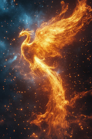 A majestic phoenix emerges from swirling clouds, its wings ablaze with fire, symbolizing rebirth and transformation. The vivid colors create a captivating cosmic atmosphere during twilight.の素材