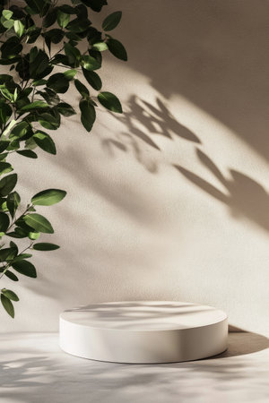 A circular pedestal sits on a surface, illuminated by soft natural light. Leafy branches cast intricate shadows on a neutral wall, creating a tranquil and inviting atmosphere.の素材