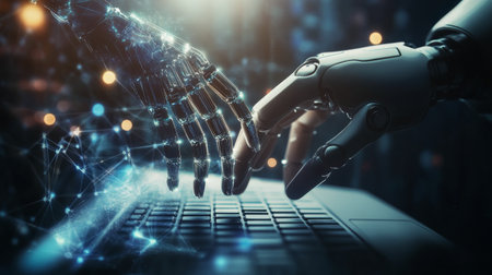 A robotic hand is poised to touch a laptop keyboard, symbolizing the intersection of technology and artificial intelligence. This high-tech setting features blurred lights creating a digital ambiance.の素材