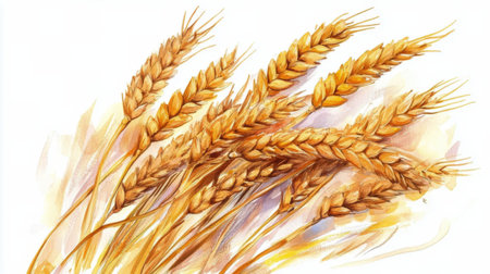Golden wheat stalks stand tall, gently swaying in the summer breeze, surrounded by a soft, abstract backdrop that highlights their vibrant color and natural beauty.の素材