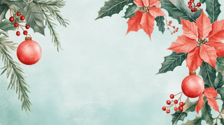 Colorful ornaments, including red and gold, hang from evergreen branches, accompanied by vibrant holly leaves and berries, creating a joyful atmosphere for the winter holiday season.の素材