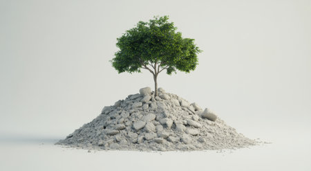 A lush green tree stands resilient on a mound of light gravel. The bright, minimalist background highlights the contrast between nature and the harsh environment, emphasizing growth.の素材