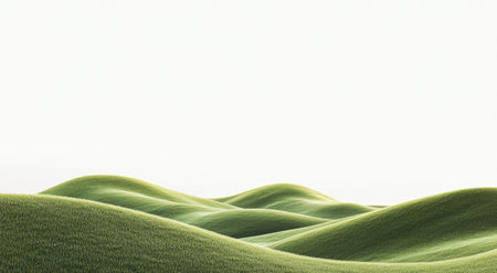 Lush green hills undulate gently in the morning light, creating a calm and peaceful atmosphere. The landscape appears vibrant and refreshing, inviting tranquility and contemplation.の素材