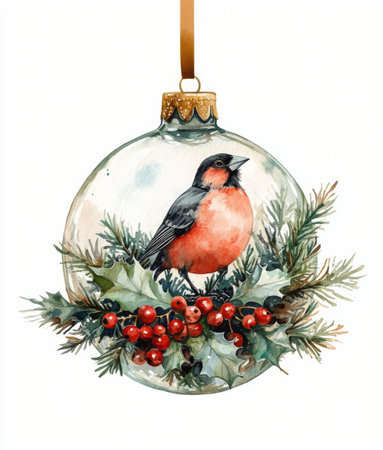 A beautifully crafted glass ornament showcases a bird perched among vibrant holly and red berries. This decoration captures the essence of the festive holiday spirit.の素材