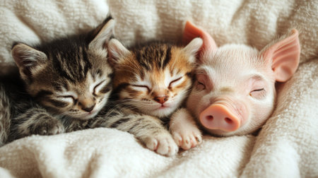 Three sweet animals, a ginger kitten, a tabby kitten, and a small piglet, peacefully sleep together on a soft, white blanket, sharing warmth and companionship in a tranquil setting.の素材