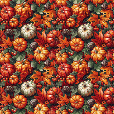 A repetitive design of pumpkins, leaves, and acorns, creating a festive fall pattern.の素材