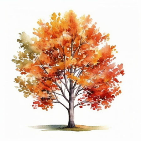 A watercolor painting depicting a tree with vibrant orange leaves on a textured paper background.の素材