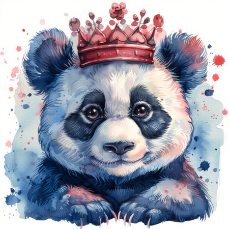 A painting depicting a panda bear dressed in a colorful costume, standing against a plain background.の素材