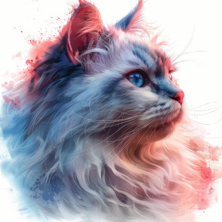 A detailed view of a cats face showing its striking blue eyes up close.の素材