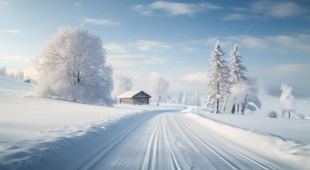 A tranquil winter morning features a charming cabin beside a large frosty tree. The landscape is blanketed in snow, with soft light illuminating the serene setting and distant mountains shrouded in mist.の素材
