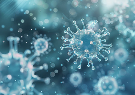 A close-up view of viruses showing their structure and spikes, illuminated by a soft, glowing light. The surrounding background is blurred, emphasizing the intricate details of the viral particles.の素材