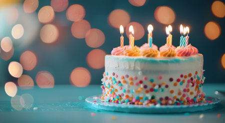 A birthday cake with lit candles sits on a blue table. The cake is decorated with colorful sprinkles and frosting. Bokeh lights are visible in the background.の素材