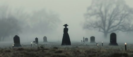 A woman dressed in a long black gown and hat gazes thoughtfully at a fog-shrouded cemetery, surrounded by stone crosses and glowing lanterns as dusk settles in.の素材