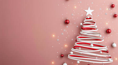 A beautifully crafted Christmas tree features red and white ornaments, adorned with a star at the top. The soft pink background enhances the festive atmosphere with twinkling lights.の素材