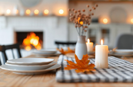 A white pumpkin, pine cone, and two lit candles sit on a checkered table runner in front of a blurry fireplace. Plates and chairs are visible in the background.の素材