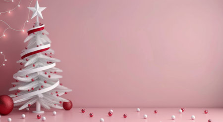 A beautifully crafted Christmas tree features red and white ornaments, adorned with a star at the top. The soft pink background enhances the festive atmosphere with twinkling lights.の素材