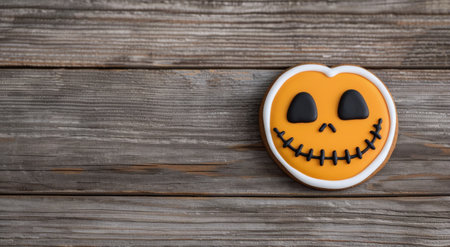 A vibrant orange pumpkin-shaped cookie features a smiling face with black eyes and stitching details, placed on a rustic wooden surface, perfect for a Halloween celebration or themed treat.の素材