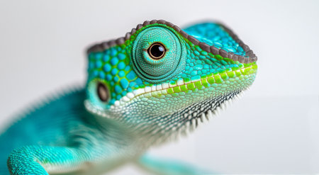 A vibrant lizard showcases its striking turquoise and green hues, with detailed scales and expressive eyes, capturing the essence of its unique features against a soft, neutral backdrop.の素材