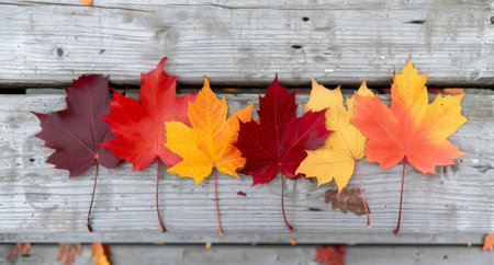 A vibrant arrangement of autumn leaves in shades of red, yellow, and orange is displayed on rustic wooden planks, highlighting the beauty of fall in a peaceful outdoor environment.の素材