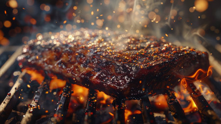 A perfectly seared steak sizzles on a grill, surrounded by flames and aromatic smoke. The rich seasoning enhances the meat's flavor while the heat creates an appealing char.の素材