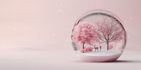 A beautiful snow globe captures two deer standing among pink trees, surrounded by delicate snowflakes. The enchanting winter landscape creates a serene and whimsical atmosphere.の素材