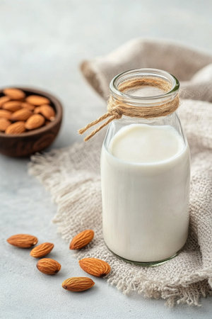A glass bottle filled with almond milk sits on a textured cloth, accompanied by scattered almonds and a bowl of nuts. The setup highlights a healthy, plant-based lifestyle.の素材