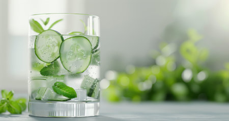 A tall glass filled with ice showcases slices of fresh cucumber and vibrant mint leaves, creating a refreshing drink. The modern kitchen background adds a stylish touch to the inviting setup.の素材