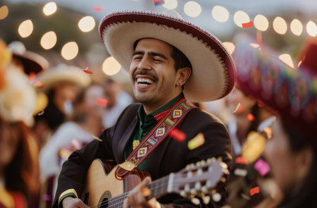 A man in a sombrero plays guitar during a joyous celebration. Confetti and bright colors fill the background.の素材