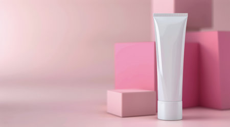 A white tube with a black lid sits on a pink background with three pink waves behind it.の素材