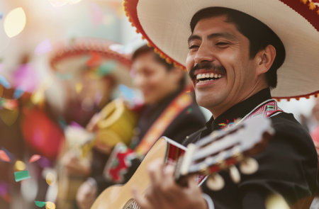 A man in a sombrero plays guitar during a joyous celebration. Confetti and bright colors fill the background.の素材