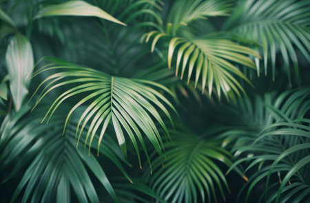 Close-up view of vibrant green palm fronds, creating a lush and tropical background.の素材