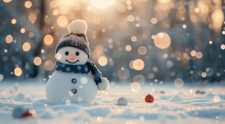 A snowman with a blue hat and scarf smiles cheerfully as snow falls around it. The background is blurred and shows a wintry forest with sparkling lights.の素材