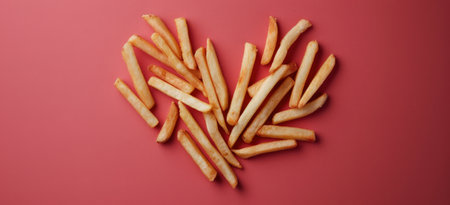 Golden, crispy French fries are creatively arranged in the shape of a heart against a vibrant red background, highlighting a playful and appetizing presentation perfect for food lovers.の素材