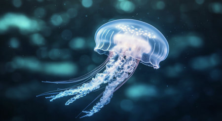 A vibrant jellyfish drifts effortlessly through the dark blue waters, illuminated by soft light, showing its graceful tentacles and ethereal beauty in a tranquil underwater setting.の素材