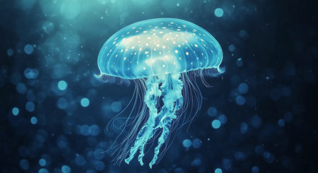 A vibrant jellyfish drifts effortlessly through the dark blue waters, illuminated by soft light, showing its graceful tentacles and ethereal beauty in a tranquil underwater setting.の素材