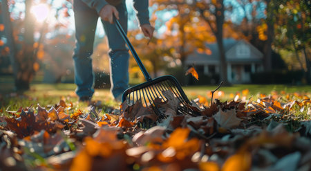 A person is raking fallen leaves in a yard. The leaves are golden brown and scattered across the grass. The sun shines brightly in the background, illuminating the scene.の素材