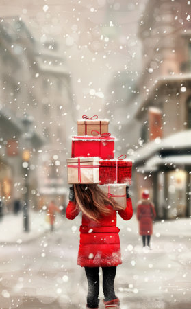 A young girl in a vibrant red dress stands in a snowy town, holding multiple beautifully wrapped gifts. The background features quaint houses, vintage street lamps, and falling snowflakes, embodying a festive holiday spirit.の素材