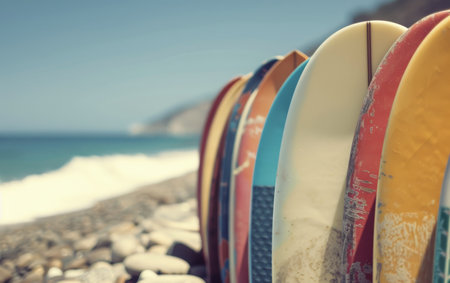 Brightly colored surfboards rest against one another on a rocky beach as gentle waves lap at the shore under a clear blue sky.の素材
