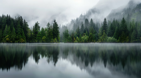 A tranquil lake reflects misty trees in the early morning light, creating a serene atmosphere. The surroundings are enveloped in fog, enhancing the peacefulness of the natural landscape.の素材