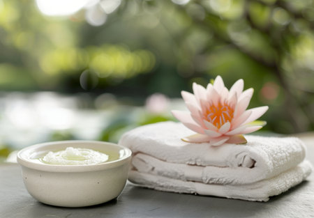 A calming spa arrangement features a small white bowl of cream beside a neatly folded towel and a blooming water lily, all set against a blurred natural background that enhances the serene atmosphere.の素材