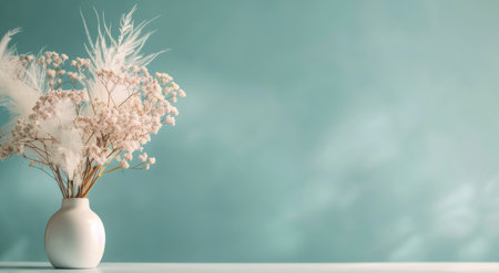 A slender white vase holds delicate pampas grass, creating a minimalist and serene display against a soft blue wall, enhancing the tranquil atmosphere of the space.の素材